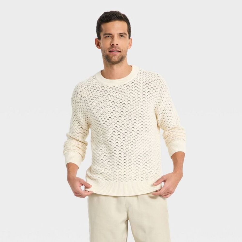 Men's Open-Work Crewneck Sweater - Goodfellow & Co Oatmeal S
